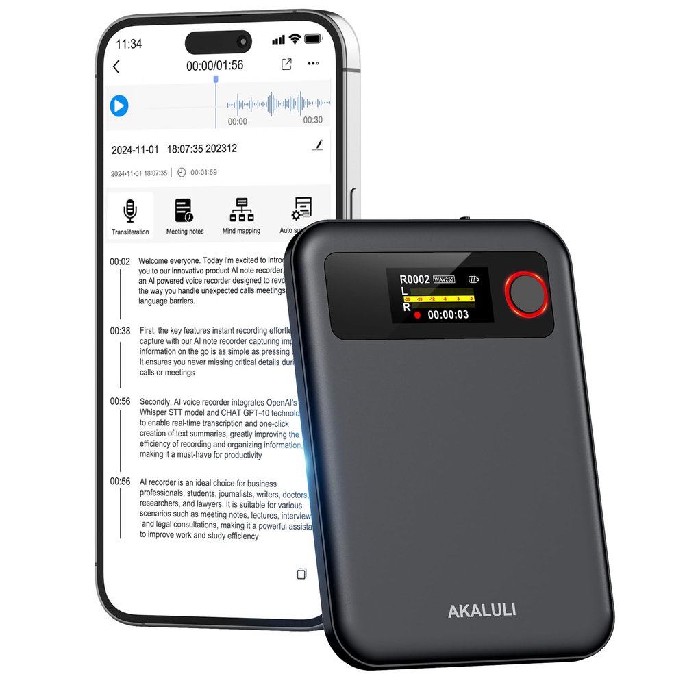64GB AI Voice Recorder Built-in Magnetic for Calls,Meetings&Lectures - Voice to Text Sound Audio Recorder with Bluetooth,App Control,Transcribe&Summarize by ChatGPT,Digital Dictaphone Recording Device