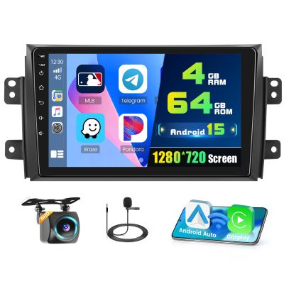4+64G Android 15 Car Stereo for Suzuki SX4 2006-2013,9 inch IPS 1280 * 720 Touch Screen Radio Wireless Apple Carplay Android Auto DSP 5G WiFi Bluetooth GPS FM RDS+Free AHD Backup Camera