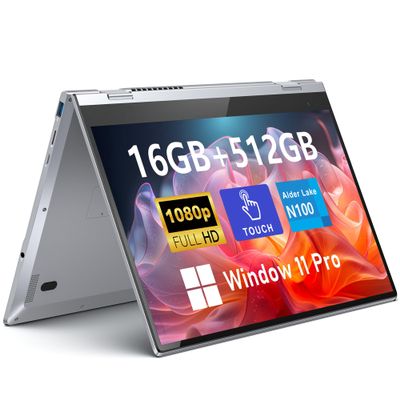 FUNYET Touchscreen Laptop Computer, 14 Inch 2 in 1 Gaming Laptop, 12th Gen N100 Processor(up to 3.4GHz), 16GB RAM 512GB SSD, 1920 x 1080, Backlit Keyboard, Win 11 Pro, Wi-Fi 6, BT5.2