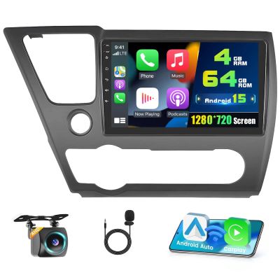 4+64G Car Radio for Honda Civic 2013-2017, 9'' IPS Touchscreen Stereo Android 15 Wireless Carplay Android Auto 32EQ 5G WiFi 1080P Bluetooth +Free AHD Backup Camera