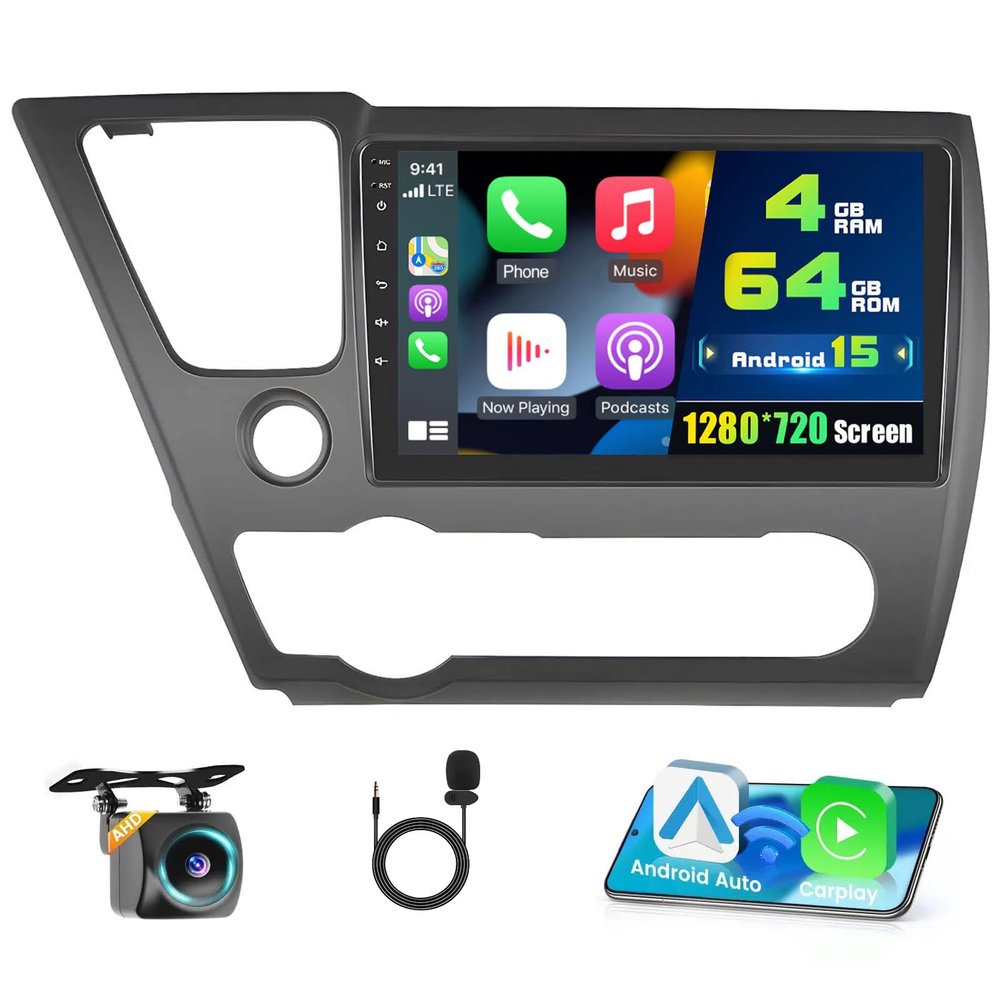 4+64G Car Radio for Honda Civic 2013-2017, 9'' IPS Touchscreen Stereo Android 15 Wireless Carplay Android Auto 32EQ 5G WiFi 1080P Bluetooth +Free AHD Backup Camera