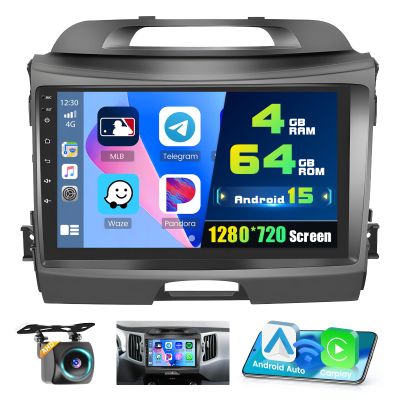 4+64G Android 15 Car Stereo for Kia Sportage 2010-2016,9 inch IPS 1280 * 720 Touch Screen Radio Wireless Apple Carplay Android Auto DSP 5G WiFi Bluetooth GPS FM RDS+Free AHD Backup Camera
