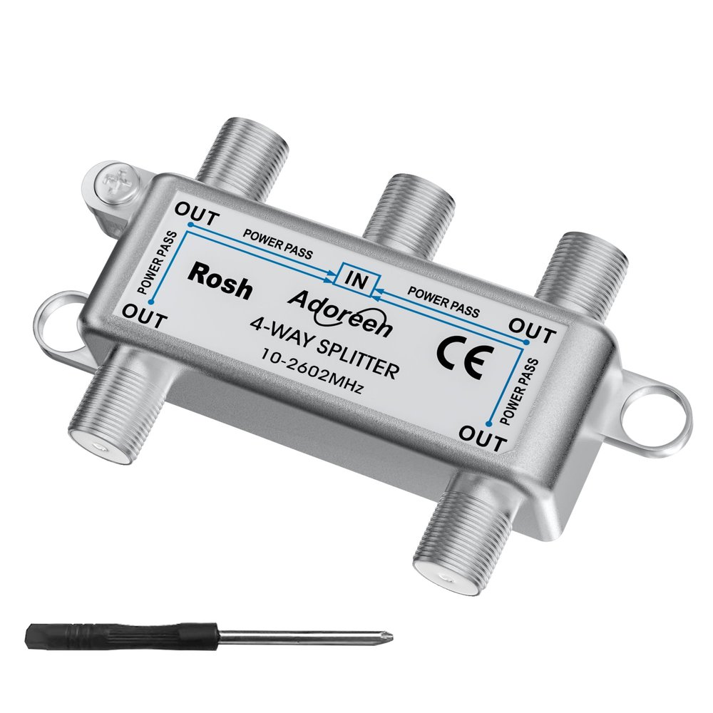 Adoreen 4-Way Coaxial Cable Splitter, 10-2602MHz Mini Bi-Directional Digital Signal RG6/RG59 Coax Indoor&Outdoor for CATV, Satellite, Antenna, MoCA, Internet, Modem + Screwdriver-1 in 4 Out Ports