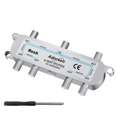 Adoreen 6-Way Coaxial Cable Splitter, 10-2602MHz Mini Bi-Directional Digital Signal RG6/RG59 Coax Indoor&Outdoor for CATV, Satellite, Antenna, MoCA, Internet, Modem + Screwdriver-1 in 6 Out Ports