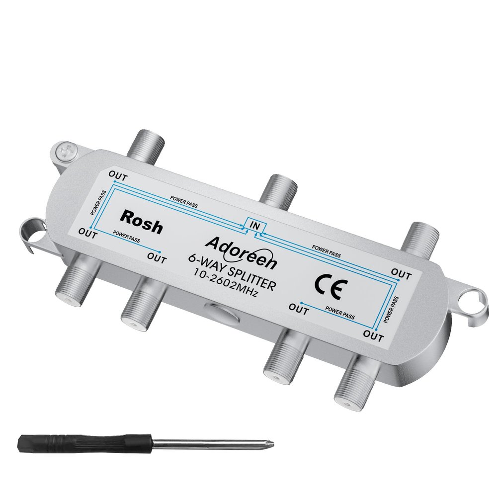 Adoreen 6-Way Coaxial Cable Splitter, 10-2602MHz Mini Bi-Directional Digital Signal RG6/RG59 Coax Indoor&Outdoor for CATV, Satellite, Antenna, MoCA, Internet, Modem + Screwdriver-1 in 6 Out Ports