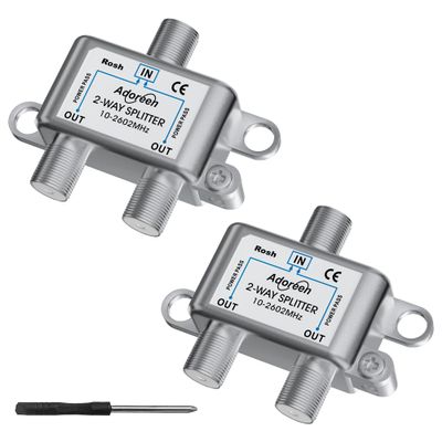 Adoreen 2 Pack 2-Way Coaxial Cable Splitter, 10-2602MHz Mini Bi-Directional Digital Signal RG6/RG59 Coax Indoor&Outdoor for CATV, Satellite, Antenna, MoCA, Internet+ Screwdriver-1 in 2 Out Ports
