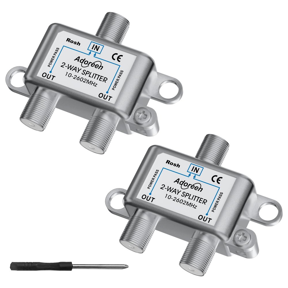 Adoreen 2 Pack 2-Way Coaxial Cable Splitter, 10-2602MHz Mini Bi-Directional Digital Signal RG6/RG59 Coax Indoor&Outdoor for CATV, Satellite, Antenna, MoCA, Internet+ Screwdriver-1 in 2 Out Ports