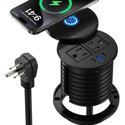 3 Inch Desk Power Grommet with 10W Wireless Charger, 20W USB C Fast Charging Station,2 AC TR Outlets, Round Flush-Mount Recessed Power Strip for Conference Rooms, Office Tables, Furniture, 6FT Cord