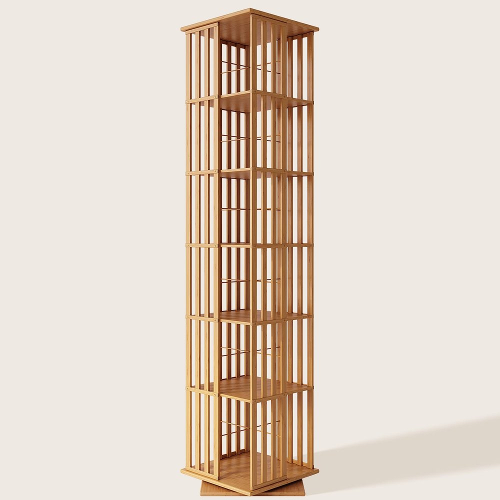 XIMN 360 Rotating Bamboo CD/DVD Shelf - 6-Tier Space-Saving Media Storage Cabinet for Movies, Organizer with Super Compact Design