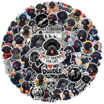 64pcs Black Labradoodle Stickers - Black Poodle Sticker Waterproof Decals for Water Bottles Laptop Luggage Computer Scrapbooking Teens Adults Girls Kids Funny Party Birthday Decorations