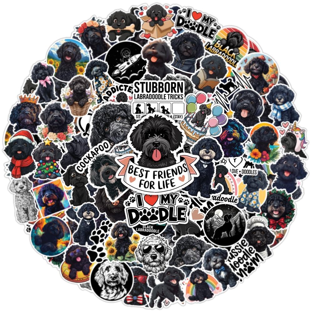 64pcs Black Labradoodle Stickers - Black Poodle Sticker Waterproof Decals for Water Bottles Laptop Luggage Computer Scrapbooking Teens Adults Girls Kids Funny Party Birthday Decorations