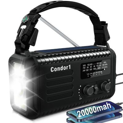 NOAA AM FM Emergency Weather Radio 20000mAh, Solar Hand Crank Radio with Cell Phone Charger, SOS Alarm, Flashlight & Reading Lamp for Hurricane, Power Outage & Outdoor Survival (Black)