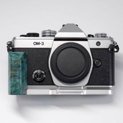 Handmade Wooden Handle Grip L Plate Alloy Base for OM System OM-3 Camera (Teal stabilized Wood + Silver Base)