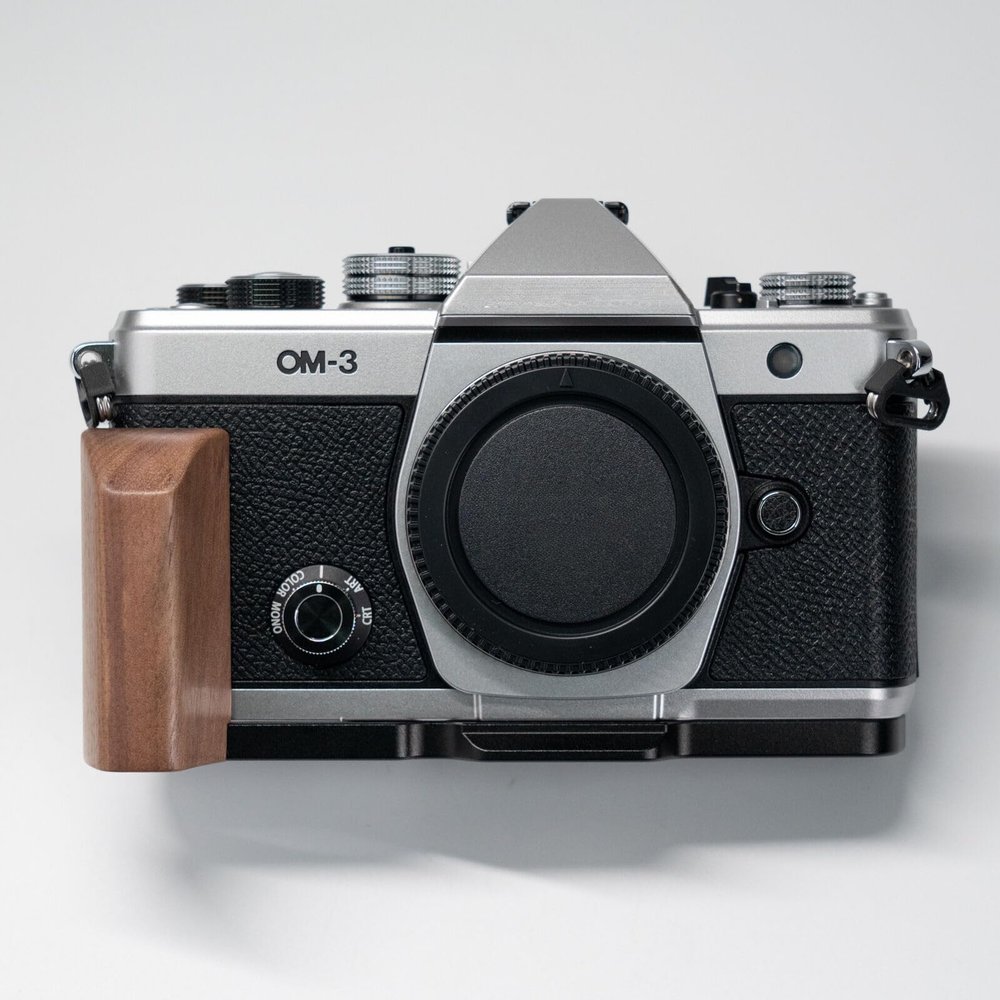 Handmade Wooden Handle Grip L Plate Alloy Base for OM System OM-3 Camera (Walnut + Black Base)