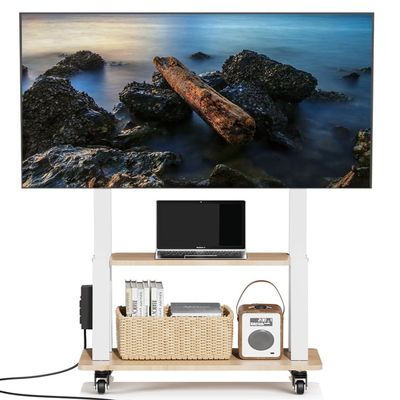 Duiliuu Mobile TV Stand with Power Outlet, Wood Shelf Portable TV Stand on Wheels for 32 to 55 65 70 75 inch Television, Height Adjustable White TV Cart, Holds up to 130LBS, Vesa 600400mm.