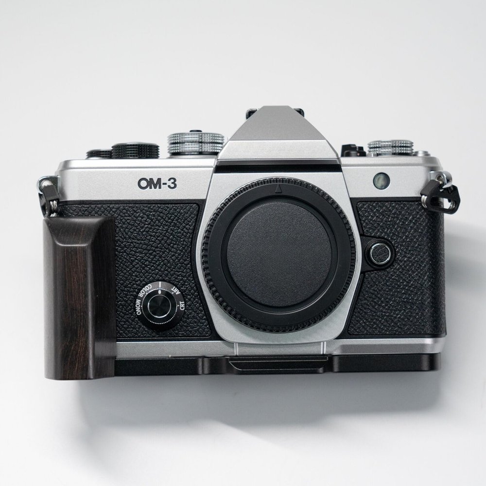 Handmade Wooden Handle Grip L Plate Alloy Base for OM System OM-3 Camera (Ebony+ Black Base)