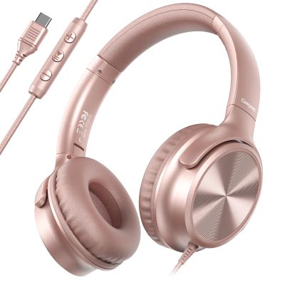 Cowyawn USB C Headphones Wired, Over Ear USB C Wired Headphones with Microphone, Volume Control, HD Stereo Sound, Foldable USB Type C Headphone for Adult/Teens/Laptop/Computer/iPhone 15/16/17, Rose