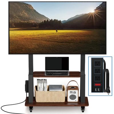 Duiliuu Rolling TV Stand with Power Outlet, Mobile TV Stand on Wheels with Wood Shelf for 32 to 75 inch Television, Height Adjustable Portable Black TV Cart, Holds up to 130LBS, Vesa 600400mm.