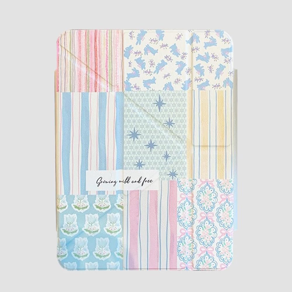 2-in-1 Magnetic Leather Folio Case with Kickstand for Apple Patchwork Flowers Floral Fantasy Striped Blue Pink Fresh Classic Cute Lovely Adorable Girls (for iPad Pro 2024 11 Inch)