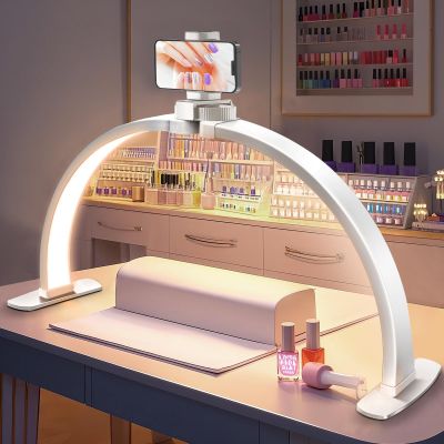 Uiopy Nail Half Moon Light: Professional 29in Stable Moonlight with Phone Holder, 3 Light Color Modes/10 Brightness Adjustable for Salon & Home Manicure Station(White,Large)