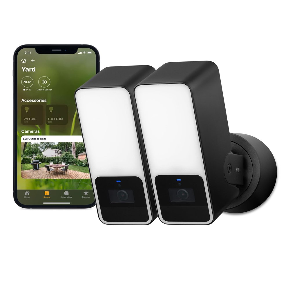Eve Outdoor Cam 2-Pack Secure floodlight Camera, High Security & Privacy (HomeKit Secure Video), 1080p, Night Vision, Wi-Fi (2.4 GHz), Motion Sensor, 2-Way Communication, People/pet/Vehicle Detection