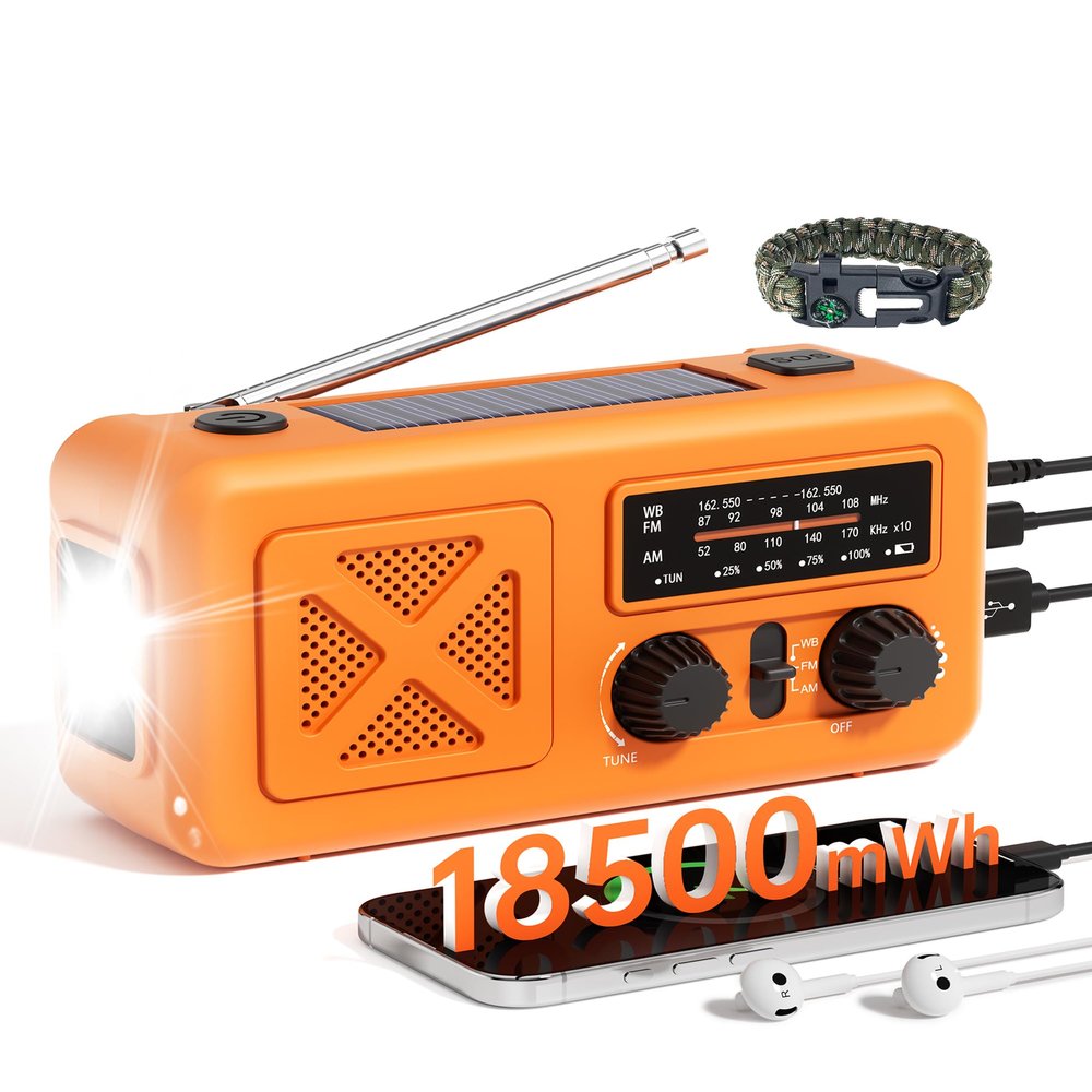 Emergency Radio Hand Crank Solar, 5000mAh/18500mWh Emergency Weather Radio, Solar Crank Radios with NOAA/AM/FM, Thermal Blanket, Paracord Bracele, for Outdoor & Home