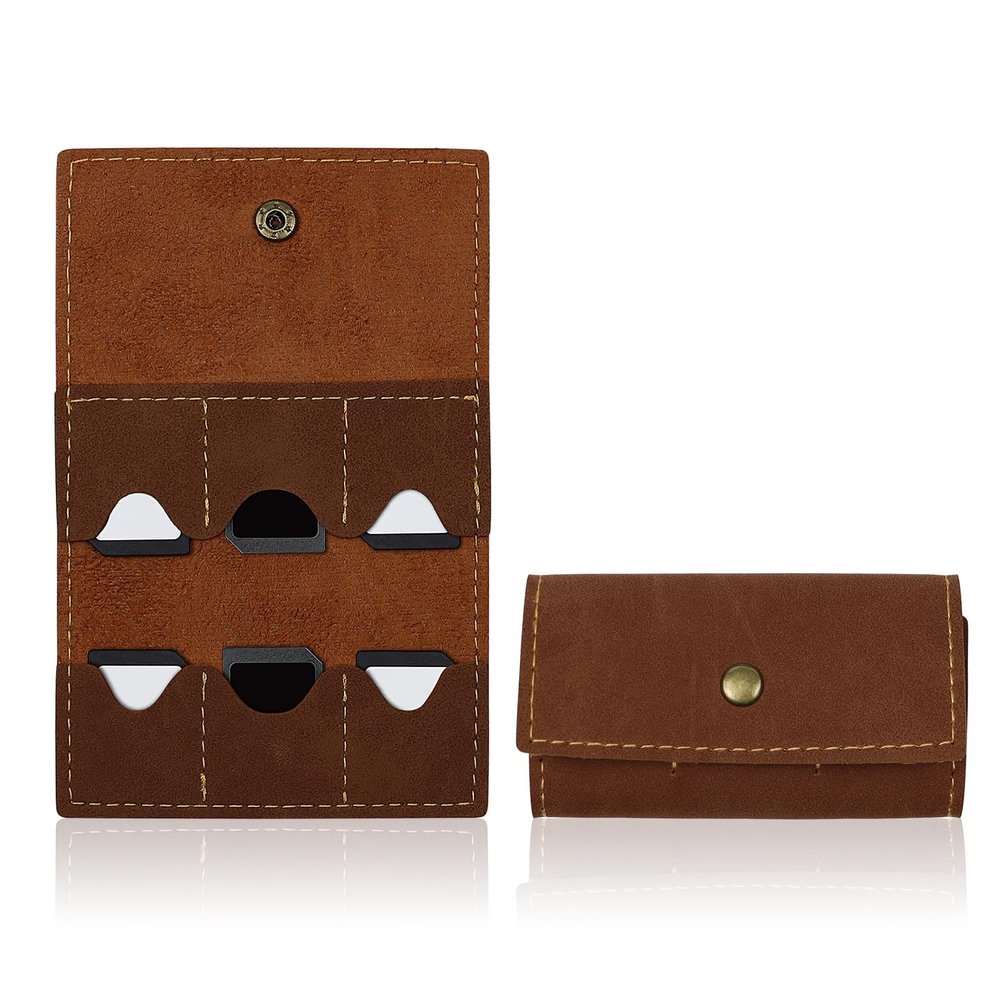 AfitLulu Memory Card Holder, Foldable Gaming SD Card Holder with Metal Snap Button and 6 Card Slots, Portable Retro Leather Guitar Pick Case for Travel or Daily Storage (Brown)