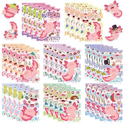 32 Pcs Axolotl Make a Face Sticker Make Your Own Cute Axolotl Stickers Cartoon Pink Animal Vinyl Waterproof Stickes for Birthday Party School Activity