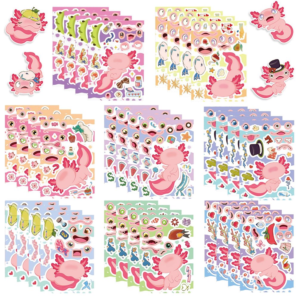 32 Pcs Axolotl Make a Face Sticker Make Your Own Cute Axolotl Stickers Cartoon Pink Animal Vinyl Waterproof Stickes for Birthday Party School Activity