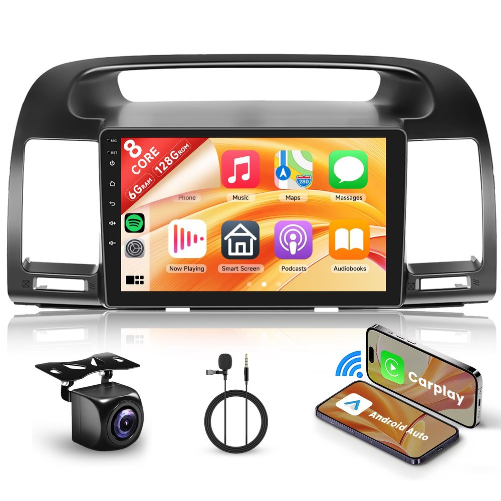 8 Core 6+128G Android Car Radio Stereo for Toyota Camry 2000-2006 with Wireless Carplay Android Auto, 9'' Touch Screen Head Unit with Bluetooth GPS Mirror Link WiFi FM/RDS DSP Backup Camera SWC