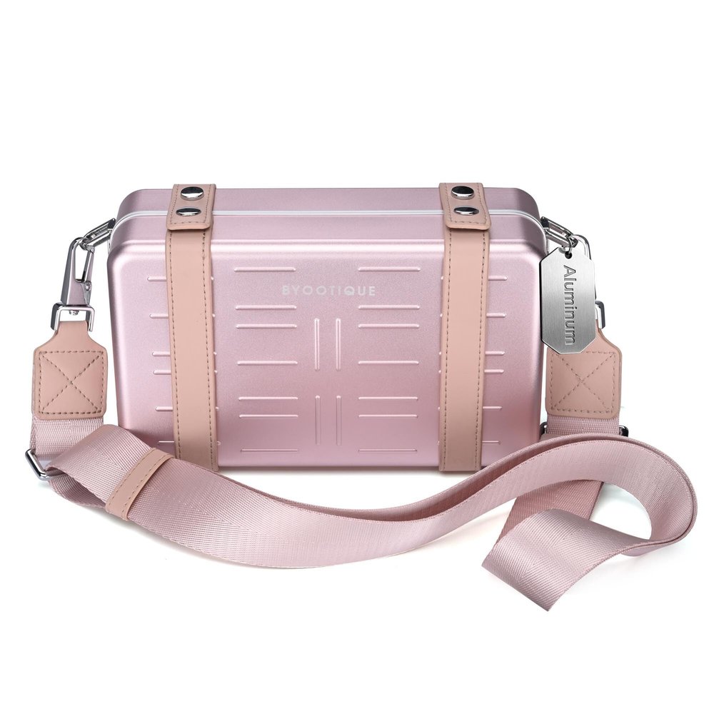BYOOTIQUE Aluminum Mini Crossbody Bag Hard Shell Travel Handbag with Adjustable Strap for Concerts Festival Traveling,Pink