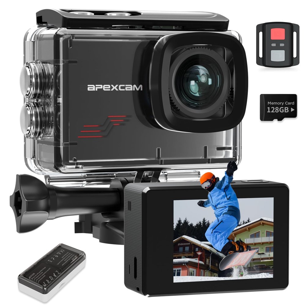 Apexcam M80 Action Camera 4K 60FPS with 128GB Card, 64MP Sports Camera Helmet for Vlogging, 131FT Waterproof Camera Underwater,WiFi Camcorder, 8X Zoom, Remote Control, Mount Accessories