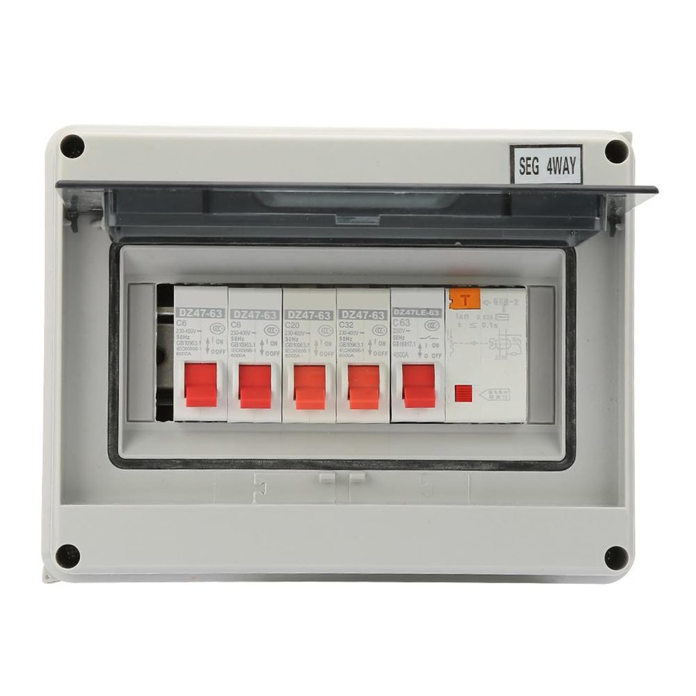 Circuit Breaker Box Set, 4 Way Garage Caravan Consumer Unit: 1 Residual Current Device 4 Miniature Circuit Breaker (63A 30mA RCD 4MCB 2*6A+20A+32A), Waterproof Distribution Box for Garage and Caravan