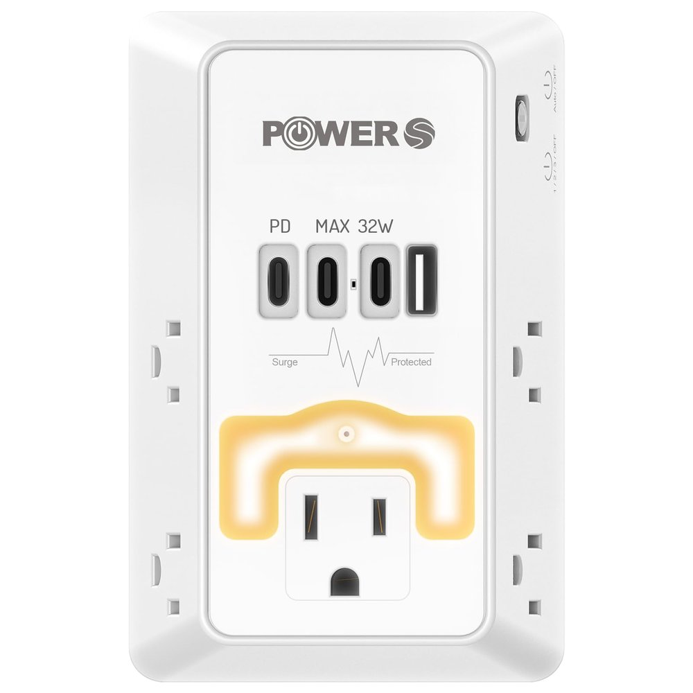 20W PD Fast Charging Wall Outlet with USB Ports (3C1A), Electrical Outlet Extender with Night Light, Surge Protector, Wall Plug Adapter for Multiple Devices, Wall Socket Expander