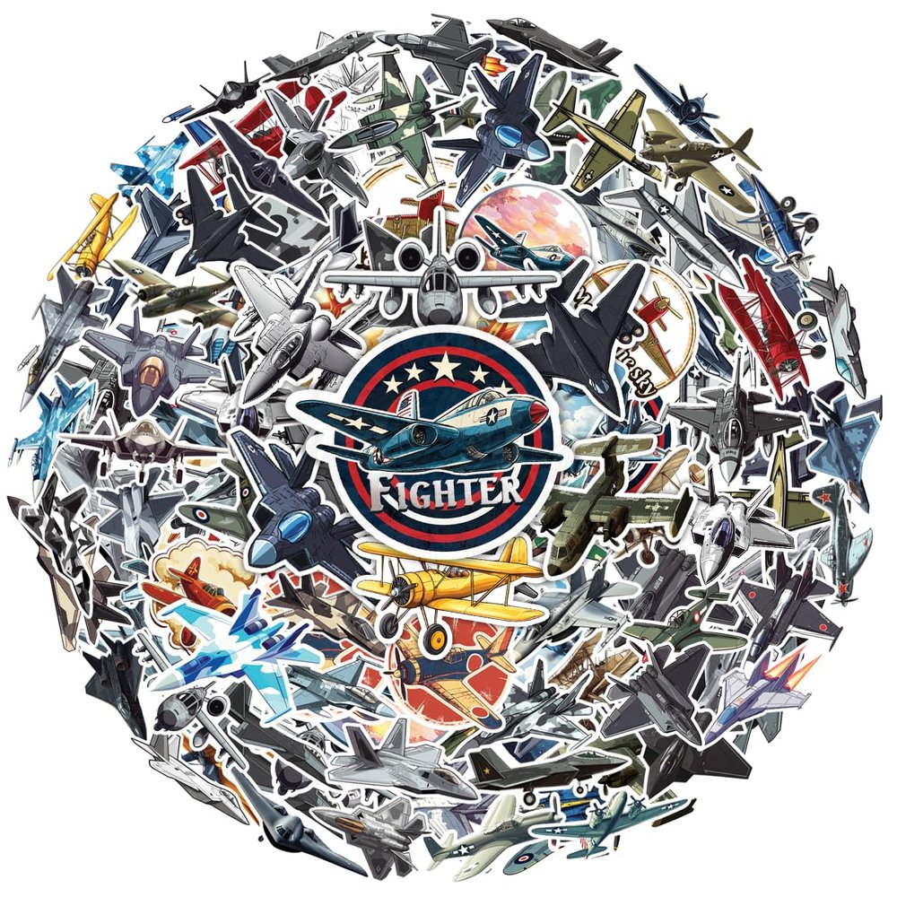 100pcs Fighter Plane Stickers - Military Aircraft Sticker Waterproof Decals for Water Bottles Laptop Luggage Computer Scrapbooking Teens Adults Girls Funny Party Birthday Decorations