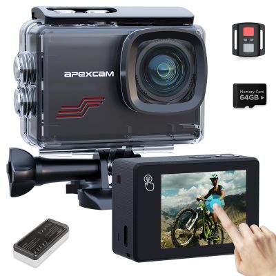 Apexcam Action Camera 4K Touch Screen, 131FT Waterproof Camera Underwater, 60FPS 64MP Sports Camera Helmet for Vlog, WiFi Camcorder, 8X Zoom, Remote Control, 64GB Card,Mount Accessories