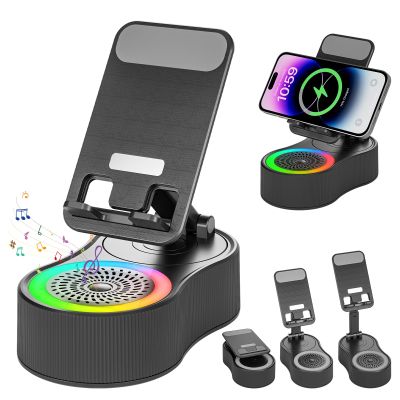 Cell Phone Stand with Bluetooth Speaker - Wireless Bluetooth Speaker with 360 Rotatable Phone Holder, Multifunctional Adjustable Stand with Charging Compatible with Tablet for Home Desk (Black)