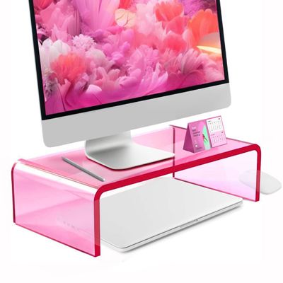 CalorMixs Ergonomic Acrylic Monitor Stand with Storage - Bright Pink Desktop Organizer for Back Pain Relief & Space Saving, Stylish & Modern Desktop Organizer(Home/Office Use)