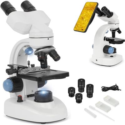 40X-1000X Compound Binocular Microscope with LED Illumination, Double Layer Mechanical Stage & Phone Holder for Home Educational Use