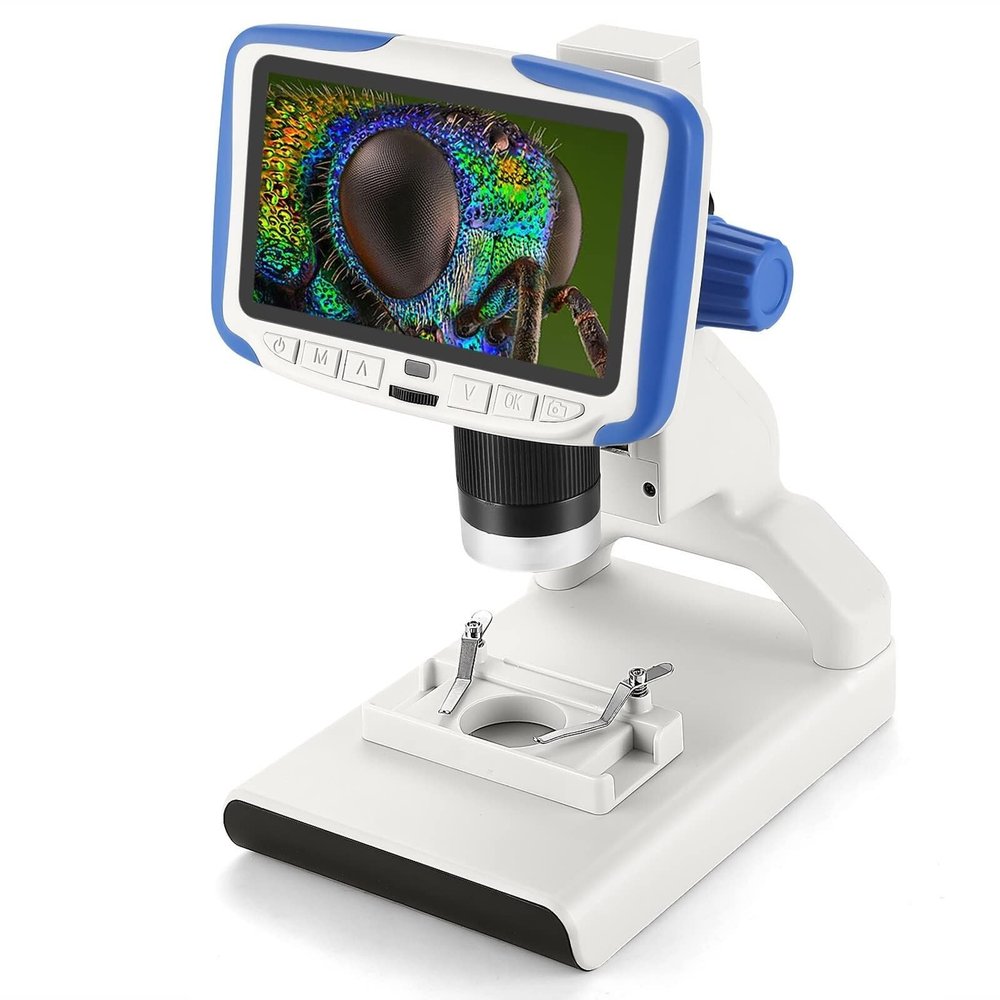 200X Digital Microscope with 5" IPS Screen, 8 LED Lights, Adjustable Magnification, for Science, Education, and Coin Collecting (Orange)(Blue)