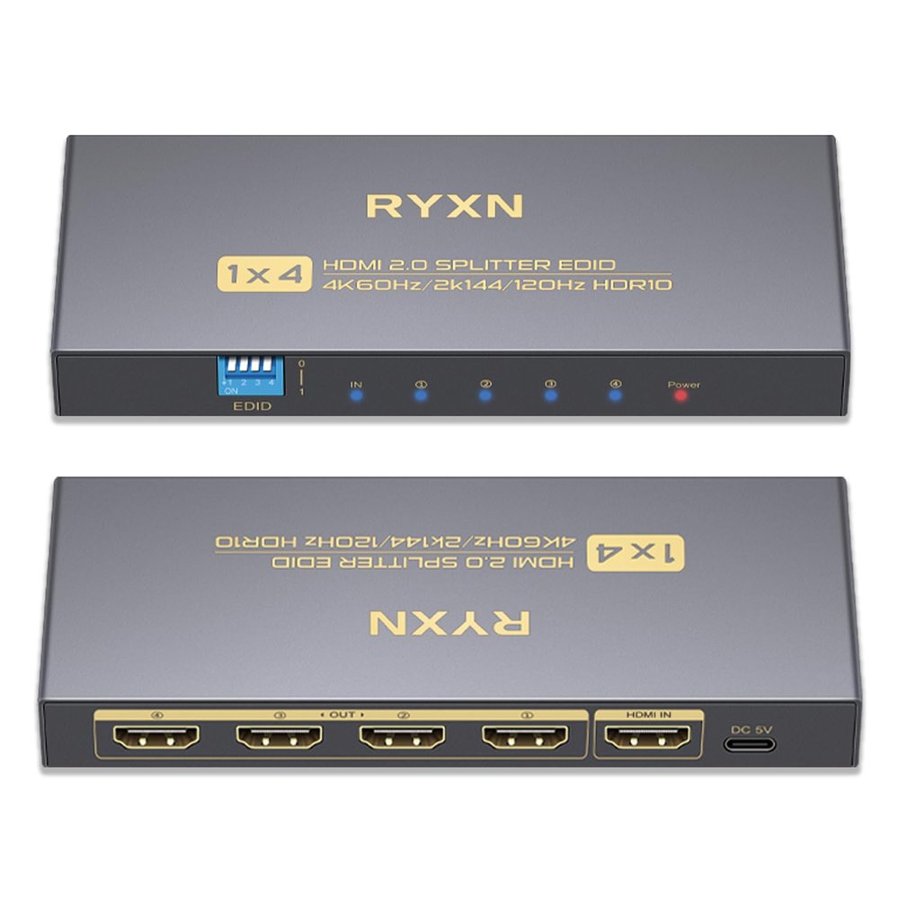 4K HDMI Splitter 1 in 4 Out 60Hz, 1x4 HDMI 2.0 Splitter Supports 4K@60Hz 4:4:4, 2K@144Hz/120Hz, HDCP 2.3, EDID, for PS5/PS4, Xbox, Apple TV, Fire Stick, Blu-ray Player