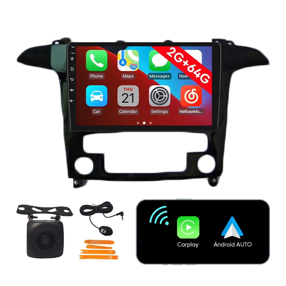[2G 64G] Android Car Stereo FM Radio Carplay Android Auto 9" Touchscreen Headunit Media Player with Backup Camera for Ford S-MAX 2007 2008 at
