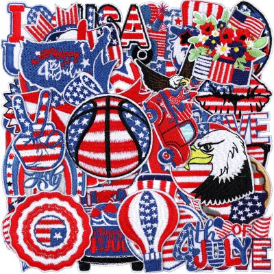 Lingvee 48 Pcs 4th of July Iron on Patches 250th Anniversary Patriotic Memorial Day Iron on Independence Day Hat Patch Embroidered Red White and Blue America Flag Appliques for Hat Backpack Clothes