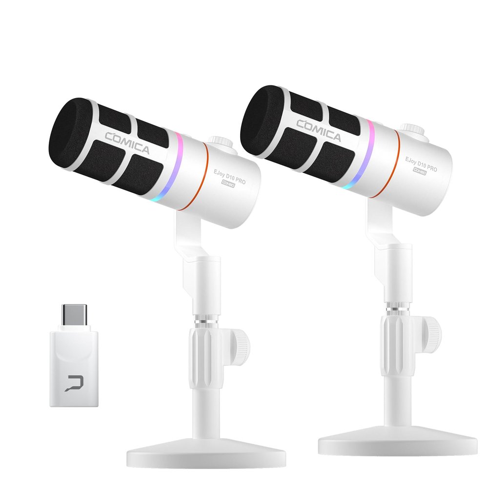 EJoy D10 PRO(D) COMBO Dual-Channel Wireless USB Gaming Microphone  RGB Dynamic Mic with Wired/Wireless Modes, XLR/USB-C, Real-Time Monitoring, Studio Mic for Streaming, Podcast, Recording (White)