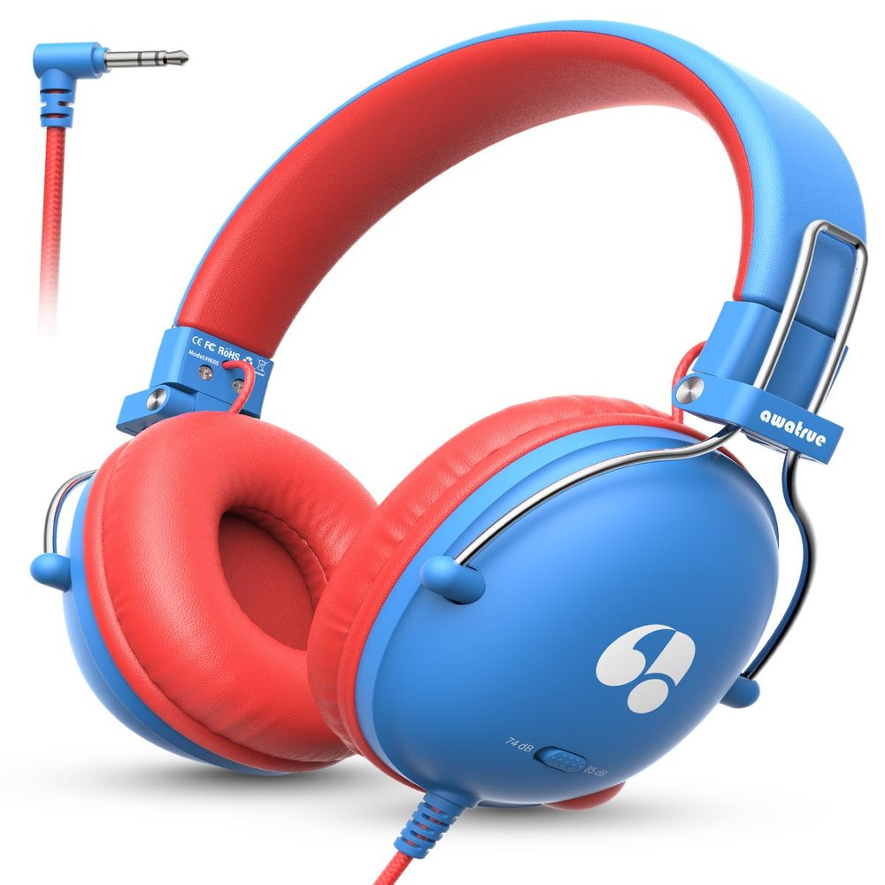 awatrue Kids Headphones, 74/85dB Safe Volume Limit, Stereo Sound, Wired On-Ear Headphones for Kids Boys Girls, 3.5mm Jack for Tablet, iPad, Kindle, YOTO Player, Airplane Travel, Blue