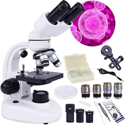 20000X Compound Binocular Microscope with Cell Phone Adapter, Dual LED Illumination, Slide Set, and 360 Swivel for Education and Lab Use