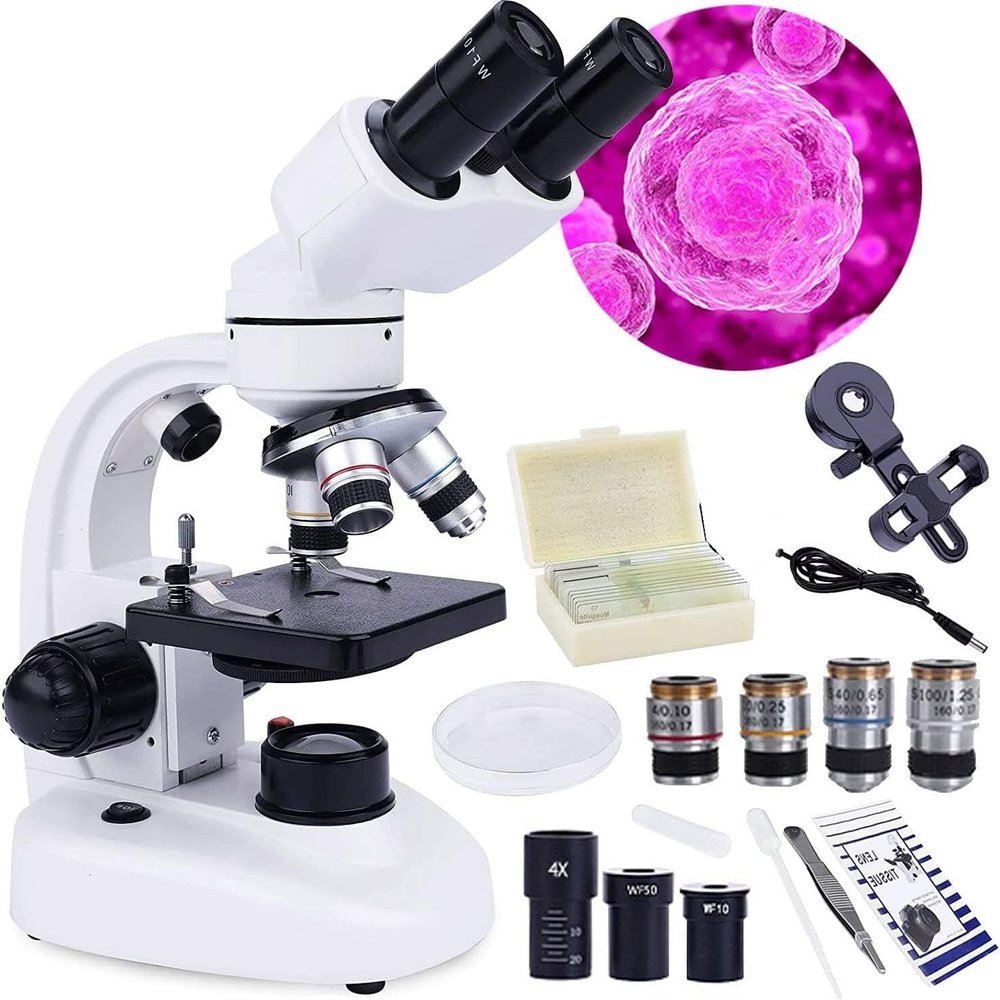 20000X Compound Binocular Microscope with Cell Phone Adapter, Dual LED Illumination, Slide Set, and 360 Swivel for Education and Lab Use