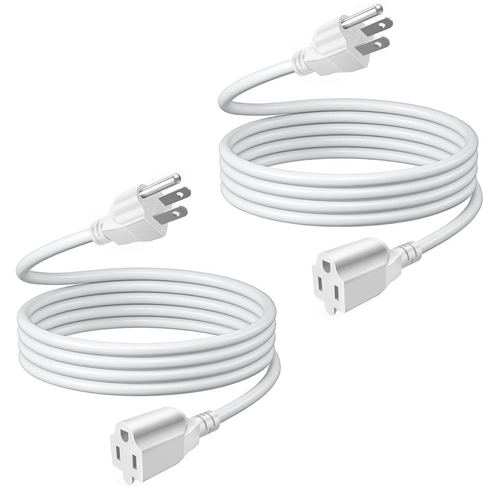 TNP Universal Power Extension Cord Cable Strip (15FT) - (2 Pack) 3 Prong Extension Cord for Outdoor & Indoor - Three Prong AC Power Extender Cable Wire Connector NEMA 5-15R to NEMA 5-15P, White