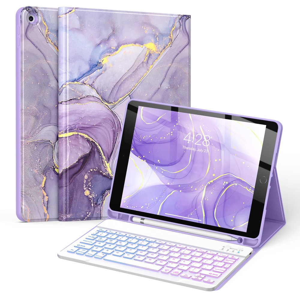 Soke for iPad 9th/8th/7th Generation Case with Keyboard 10.2 Inch-7 Color Backlitght Magnetic Wireless Detachable Folio Keyboard Cover with Pencil Holder for Apple iPad Gen 9/8/7, Violet Marble