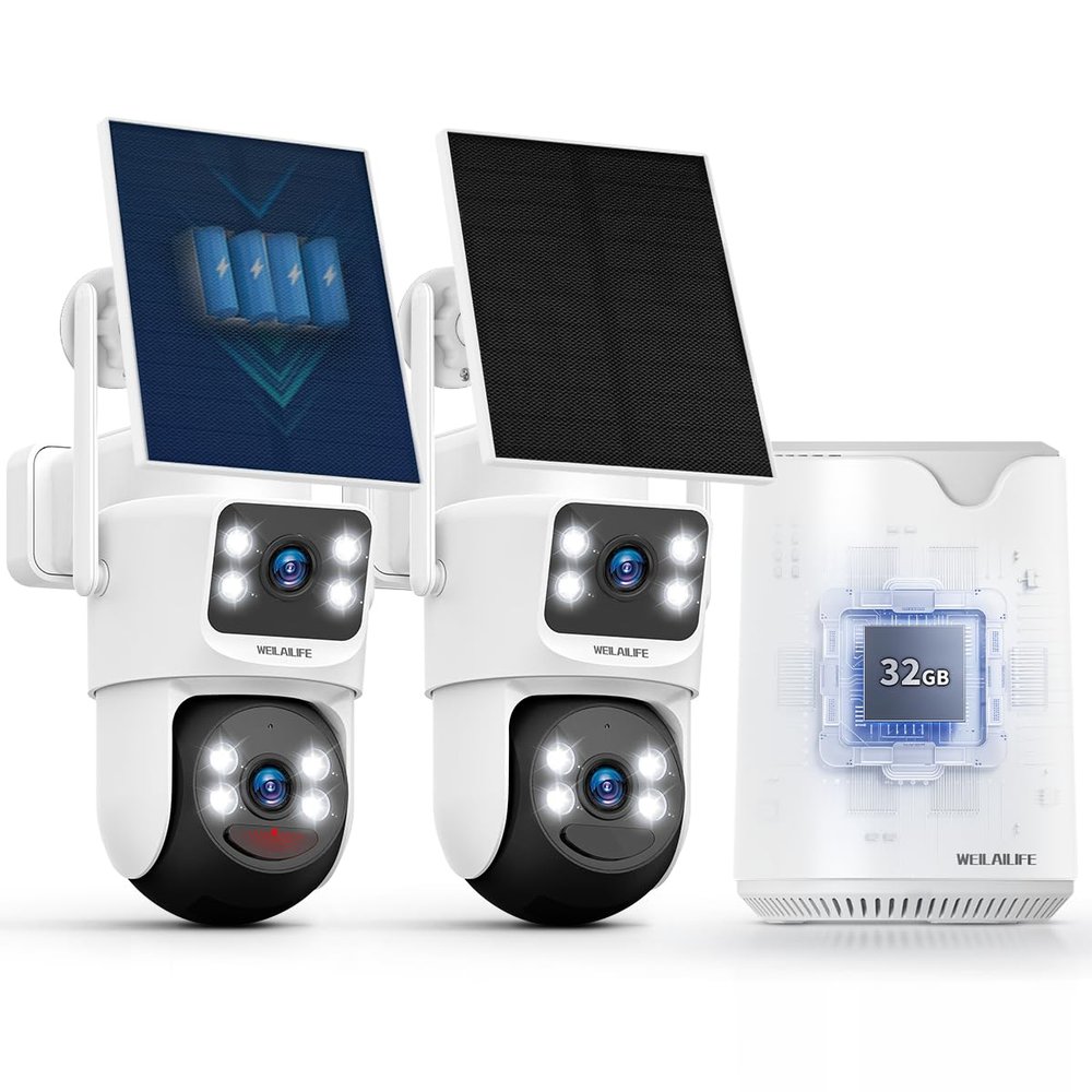 WEILAILIFE Auto Tracking & 2-Way Audio Security Cameras Wireless Outdoor, Solar-Powered PTZ Security Camera System, WiFi Home Video Surveillance Systems DVR Kits